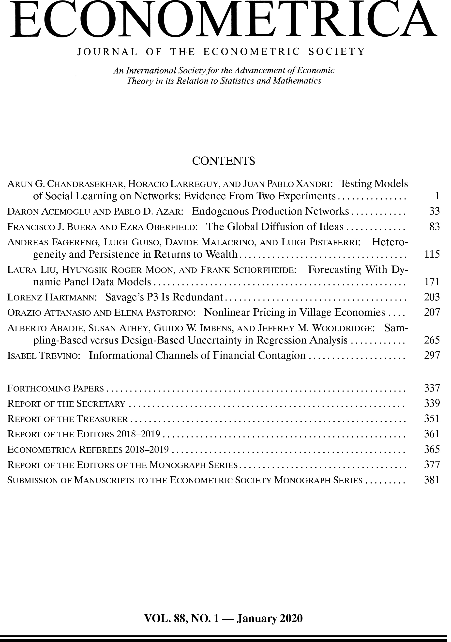 Econometrica JAN 2020, VOLUME 88, ISSUE 1